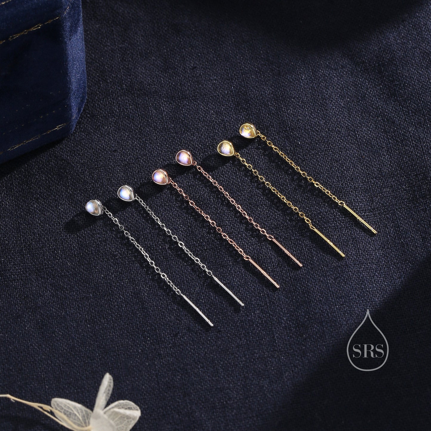 Sterling Silver Tiny Moonstone Droplet Ear Threader Earrings, Silver or Gold or Rose Gold, Lab Moonstone Minimalist Threader Earrings