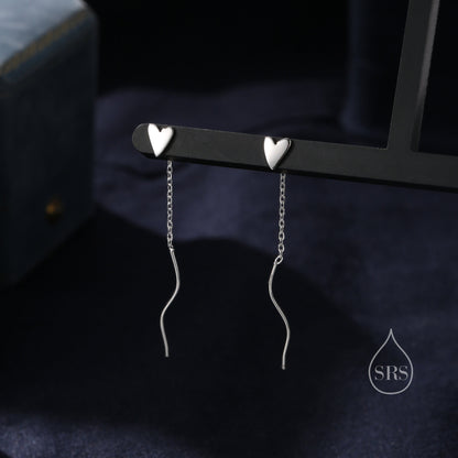 Tiny Heart Threader Earrings in Sterling Silver with Spiral Chains, Silver or Gold or Rose Gold, Heart Ear Threaders, Heart Threaders