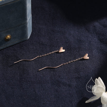 Tiny Heart Threader Earrings in Sterling Silver with Spiral Chains, Silver or Gold or Rose Gold, Heart Ear Threaders, Heart Threaders