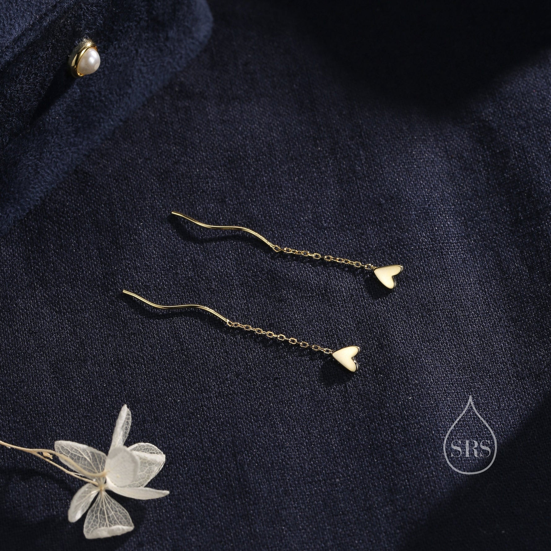 Tiny Heart Threader Earrings in Sterling Silver with Spiral Chains, Silver or Gold or Rose Gold, Heart Ear Threaders, Heart Threaders