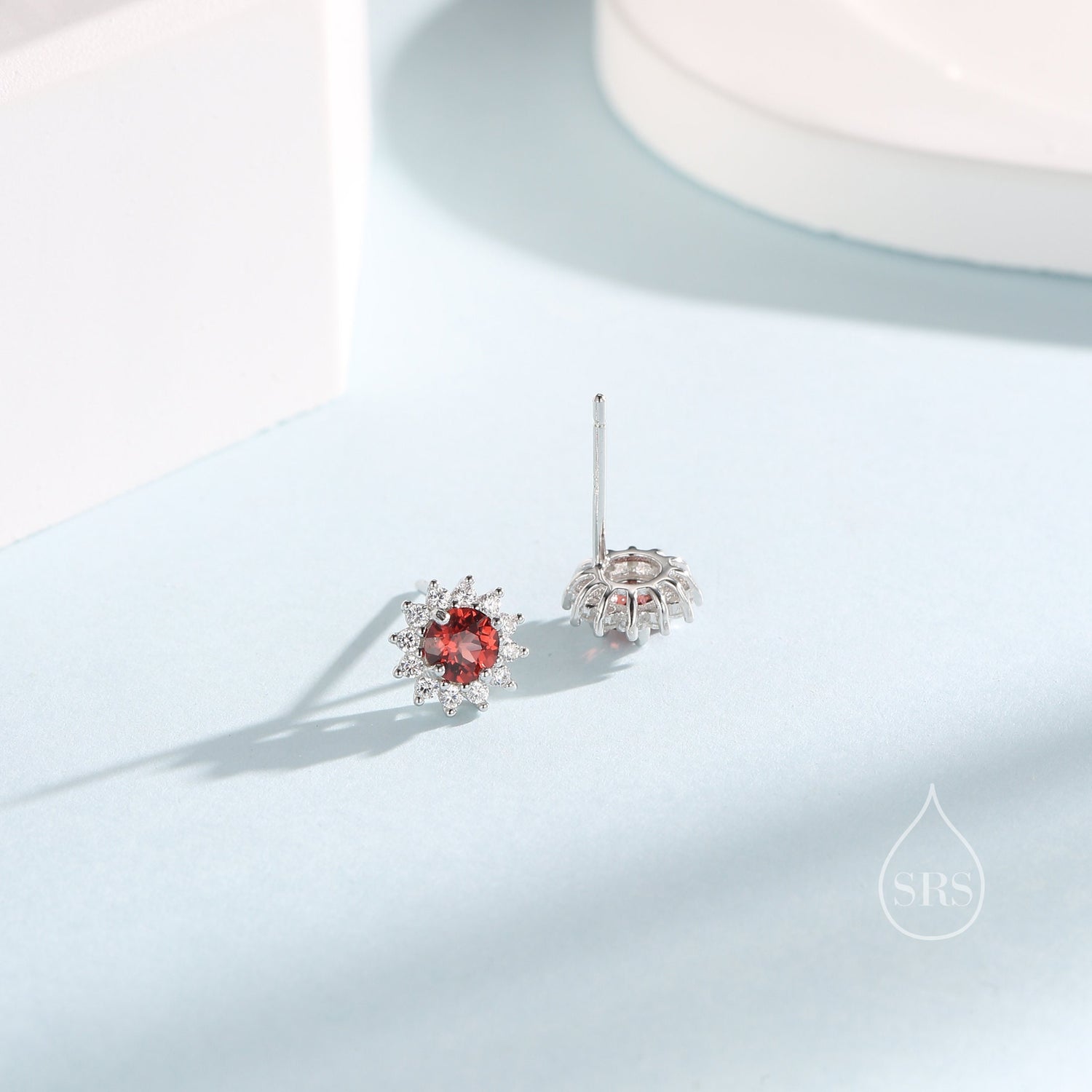Genuine Garnet Crystal Stud Earrings in Sterling Silver, Natural Red Garnet Halo Stud Earrings