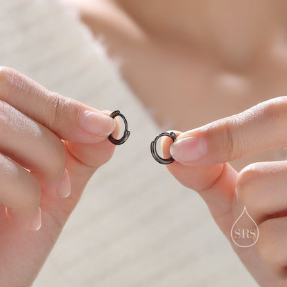 Minimalist Black Huggie Hoops in Sterling Silver, 6mm, 7mm, 8mm, 9mm, 10mm Black Rhodium Clicker Hoops, Sleeper Hoop Earrings, Plain Hoops