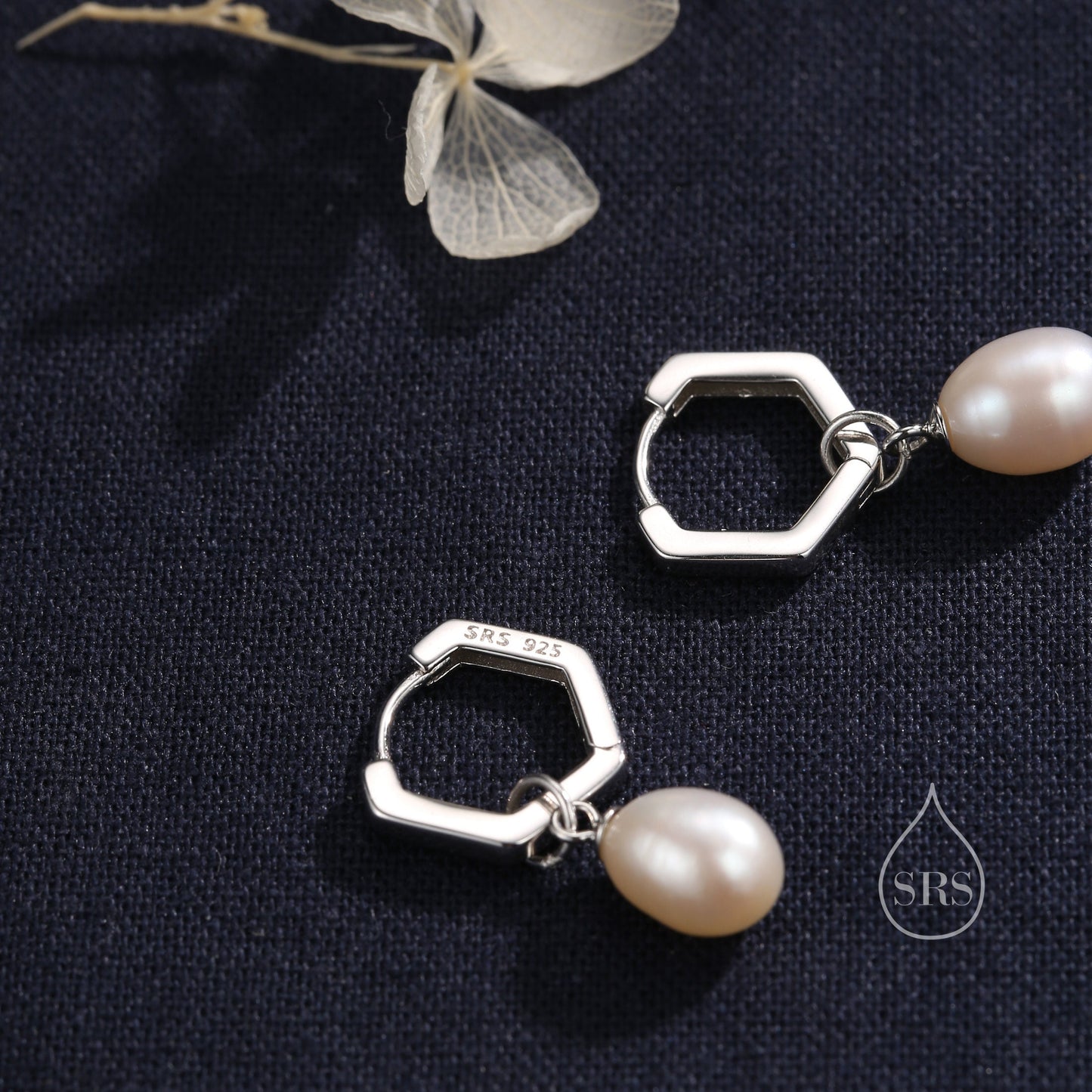 Hexagon Hoops with Dangling Oval Pearl Drop Earrings in Sterling Silver, Silver or Gold or Rose Gold, Keshi Pearl Earrings, Pearl Hoops