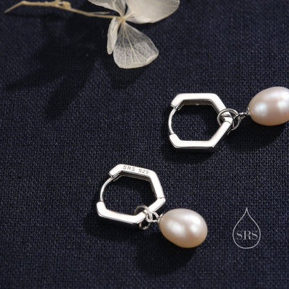 Hexagon Hoops with Dangling Oval Pearl Drop Earrings in Sterling Silver, Silver or Gold or Rose Gold, Keshi Pearl Earrings, Pearl Hoops