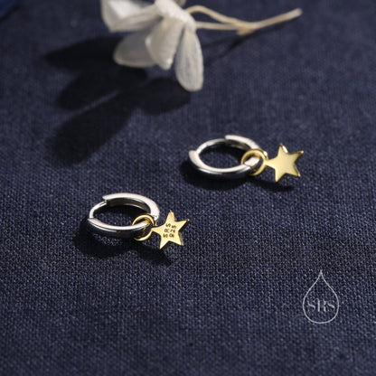 Star Charm Huggie Hoop Earrings in Sterling Silver, Mixed Tone, Silver and Gold, Detachable Charm Hoops, Celestial Earrings