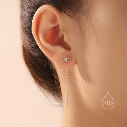 Extra Tiny CZ Starburst Threader Earrings in Sterling Silver, Silver or Gold, North Star Ear Threaders, Star Threaders, Chain Earrings