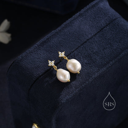 Genuine Baroque Pearl and Hydrangea Flower CZ Drop Earrings in Sterling Silver, Silver or Gold, Delicate Keshi Pearl Earrings, Genuine Pearl