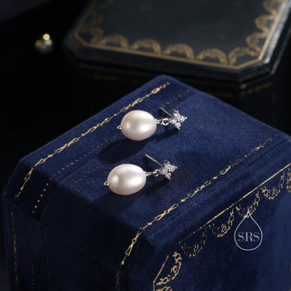 Genuine Baroque Pearl and Hydrangea Flower CZ Drop Earrings in Sterling Silver, Silver or Gold, Delicate Keshi Pearl Earrings, Genuine Pearl