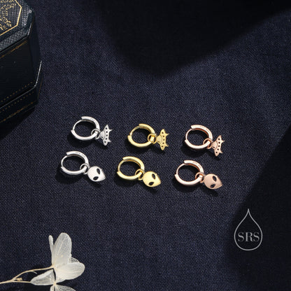 Sterling Silver Mismatched UFO and Alien Huggie Hoops, Silver, Gold or Rose Gold, Detachable Cute Alien UFO Hoop Earrings, Flying Saucer