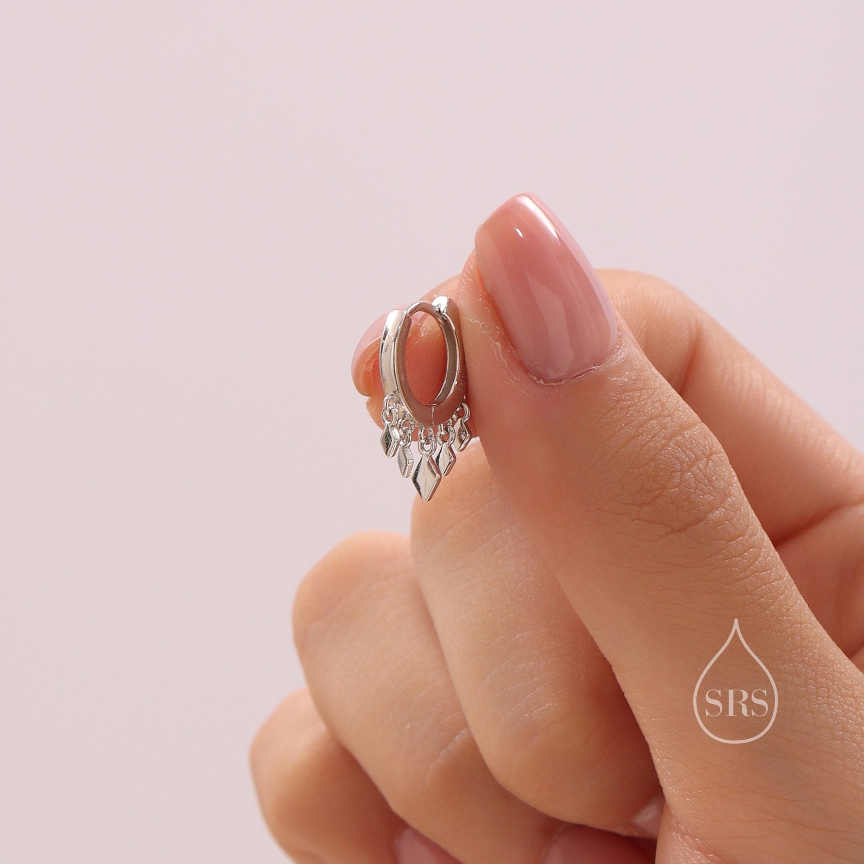 Sterling Silver Rhombus Charm Huggie Hoops, Silver, Gold or Rose Gold, Tassle Charm Huggie Hoops, Geometric Hoop Earrings