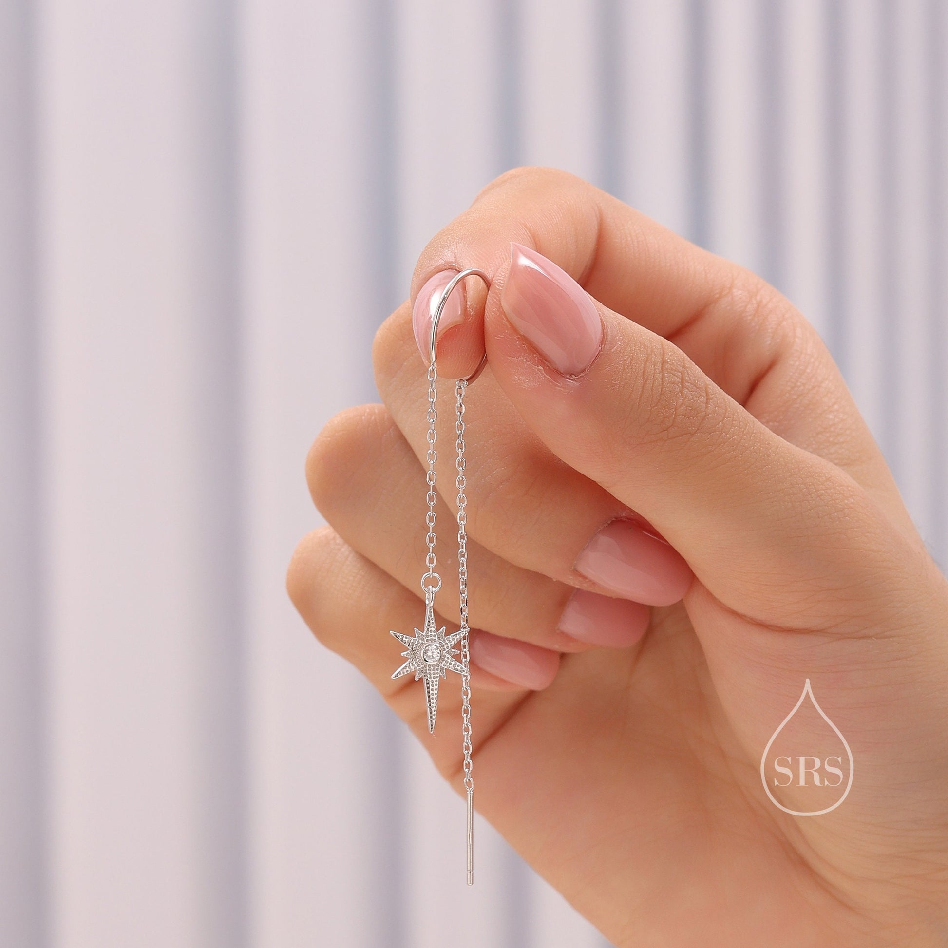 Beautiful Starburst Star Ear Threader Earrings, Silver, Gold or Rose Gold, Ear Wire in Sterling Silver, U shaped Dangle Threaders