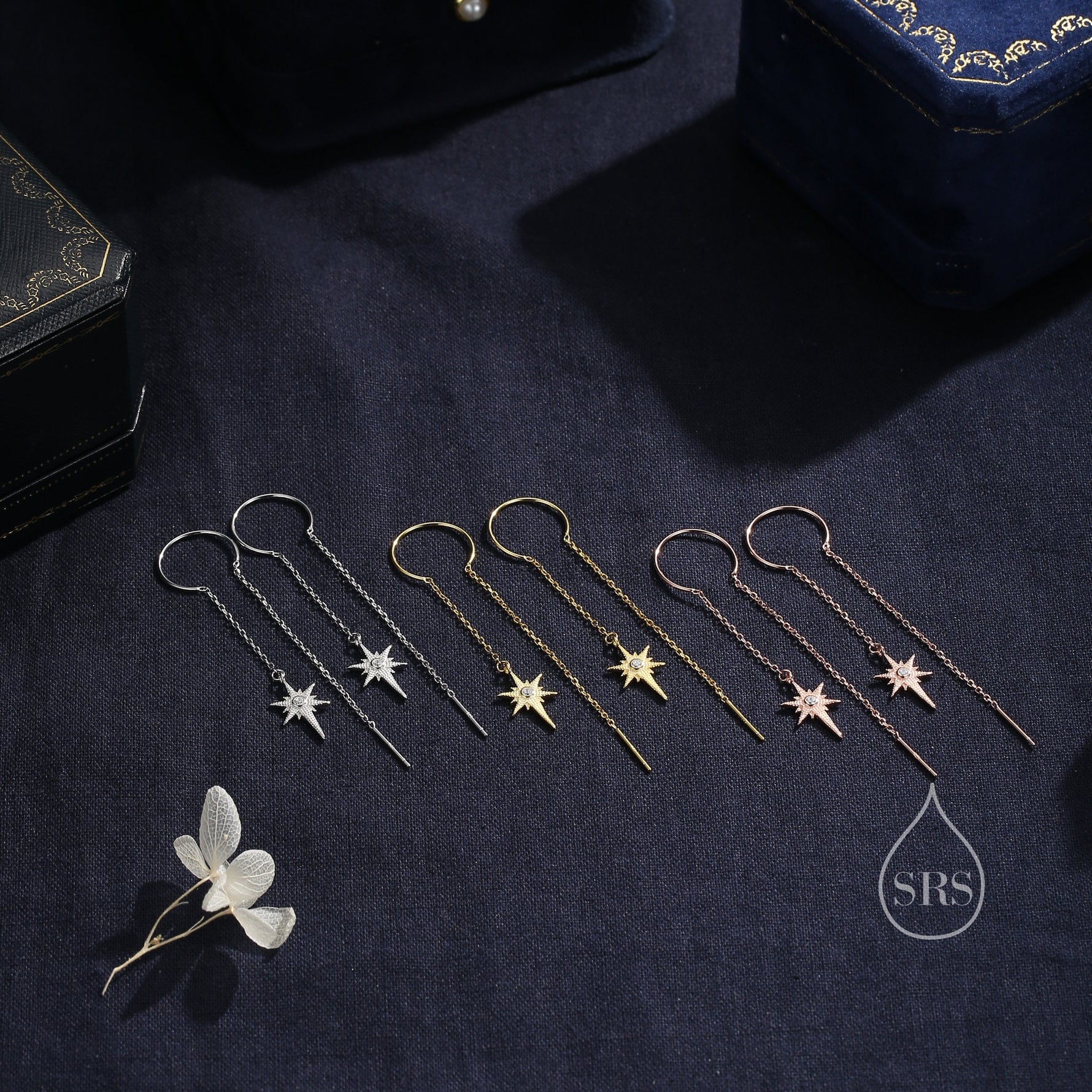 Beautiful Starburst Star Ear Threader Earrings, Silver, Gold or Rose Gold, Ear Wire in Sterling Silver, U shaped Dangle Threaders
