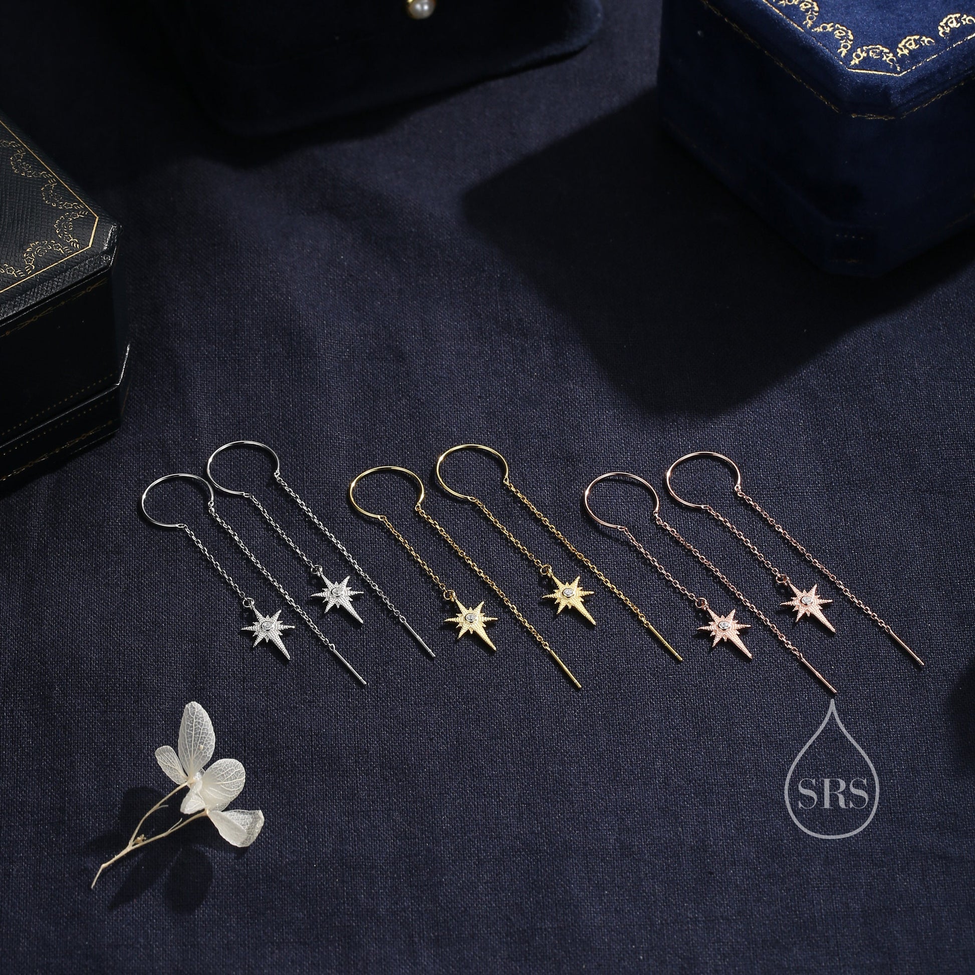 Beautiful Starburst Star Ear Threader Earrings, Silver, Gold or Rose Gold, Ear Wire in Sterling Silver, U shaped Dangle Threaders
