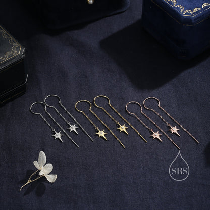 Beautiful Starburst Star Ear Threader Earrings, Silver, Gold or Rose Gold, Ear Wire in Sterling Silver, U shaped Dangle Threaders