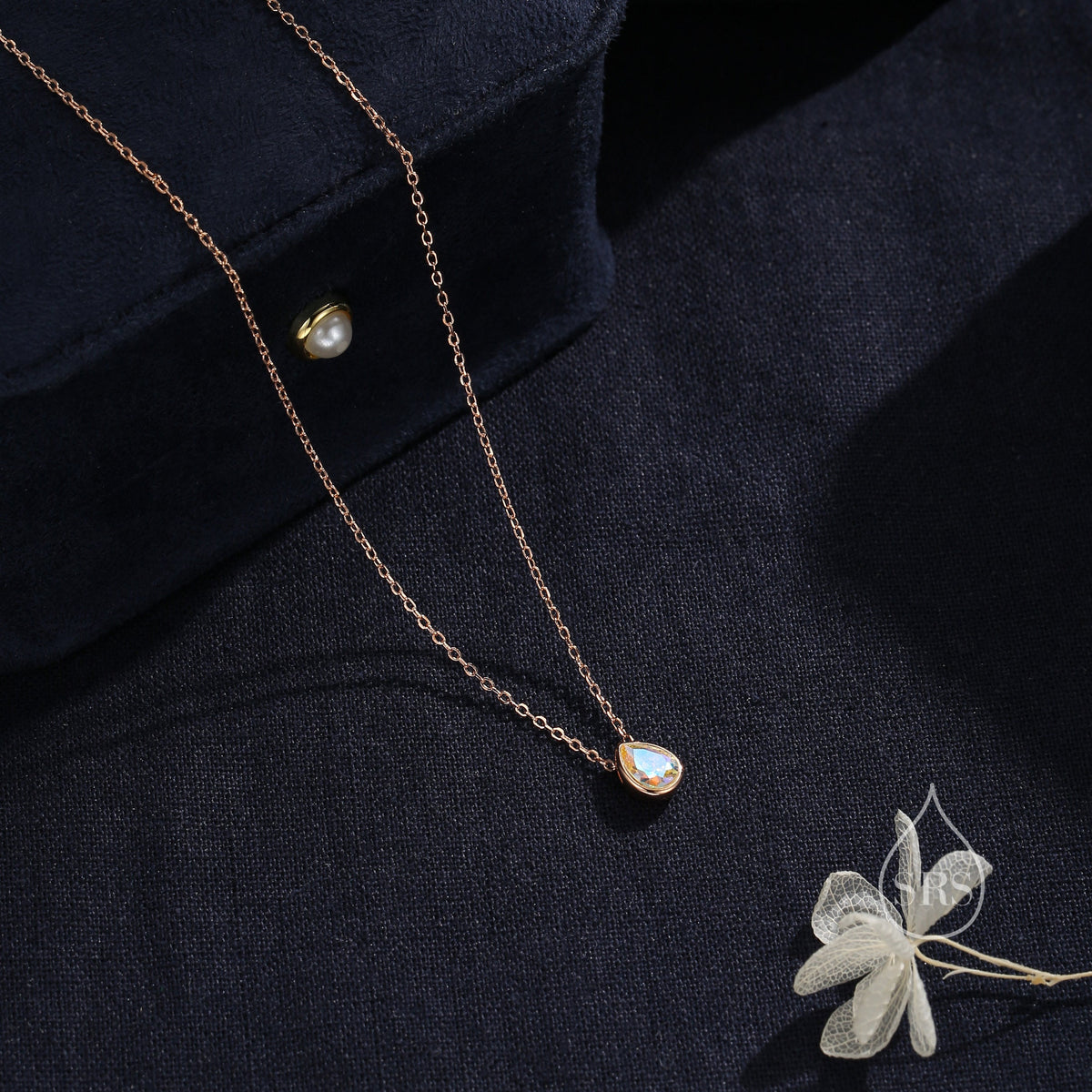 Tiny Aurora CZ Droplet Pendant Necklace in Sterling Silver, Silver or Gold or Rose Gold, Minimalist Pear Cut AB Crystal CZ Necklace