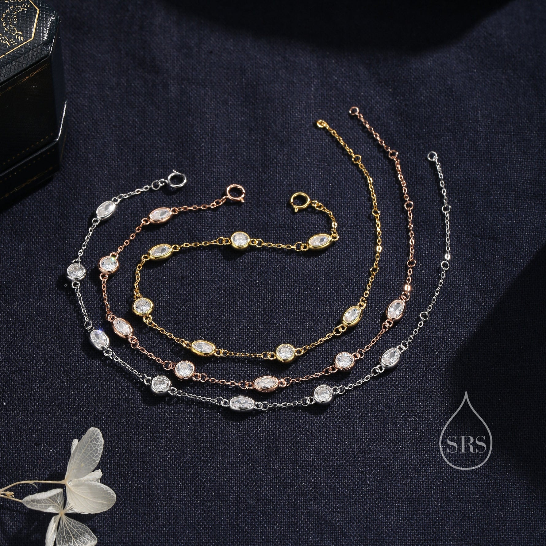 Oval and Round CZ Floating Bracelet in Sterling Silver, Silver or Gold or Rose Gold, Satellite Crystal Bracelet, Solid Silver Bracelet