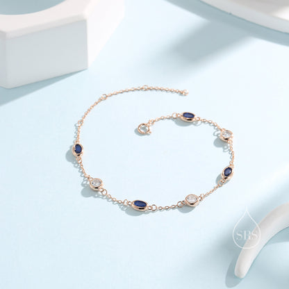 Sapphire Blue and Clear CZ Bracelet in Sterling Silver, Silver or Gold or Rose Gold , Oval Blue CZ Bracelet, Satellite Bracelet