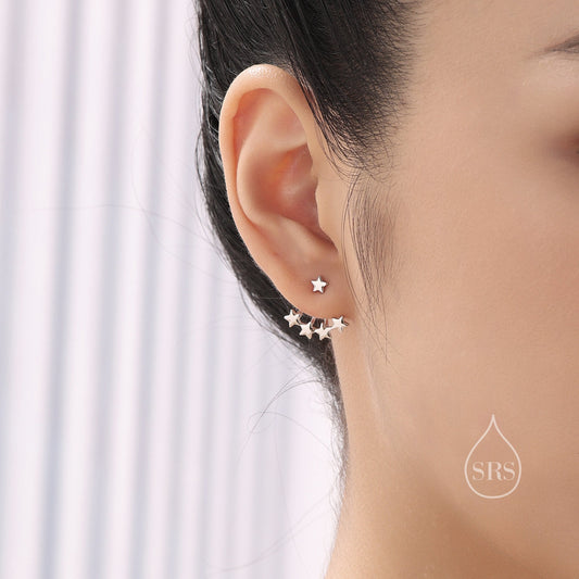 Star Ear Jacket in Sterling Silver, Four Star Earrings in Sterling Silver, Silver, Gold or Rose Gold, Front and Back