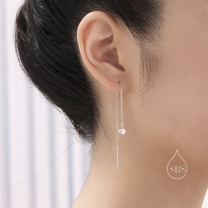 Moonstone Dot Long Threader Earrings in Sterling Silver, Lab Moonstone Coin Ear Threaders, Silver or Gold, Moonstone Threaders