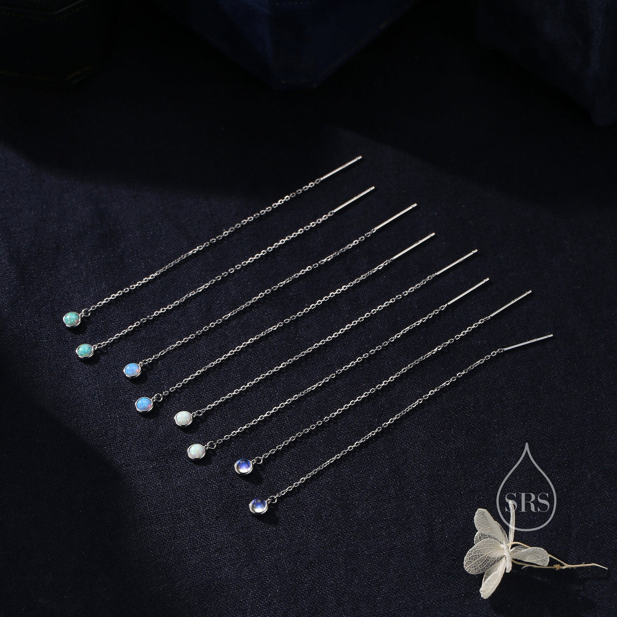 White Opal Dot Long Threader Earrings in Sterling Silver