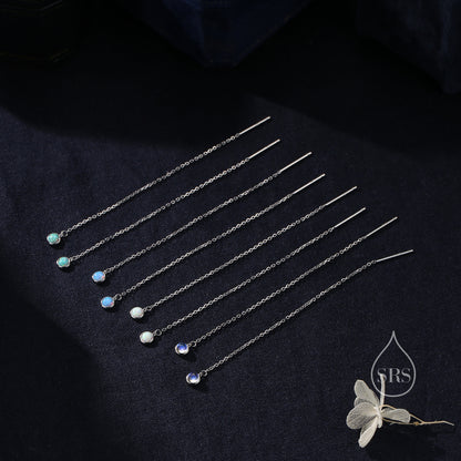 Blue Opal Dot Long Threader Earrings in Sterling Silver, Lab Opal Coin Ear Threaders, Silver or Gold, Opal Threaders