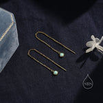 Aqua Green Opal Dot Long Threader Earrings in Sterling Silver, Lab Opal Coin Ear Threaders, Silver or Gold, Opal Threaders
