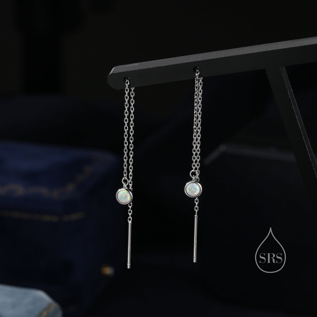 White Opal Dot Long Threader Earrings in Sterling Silver