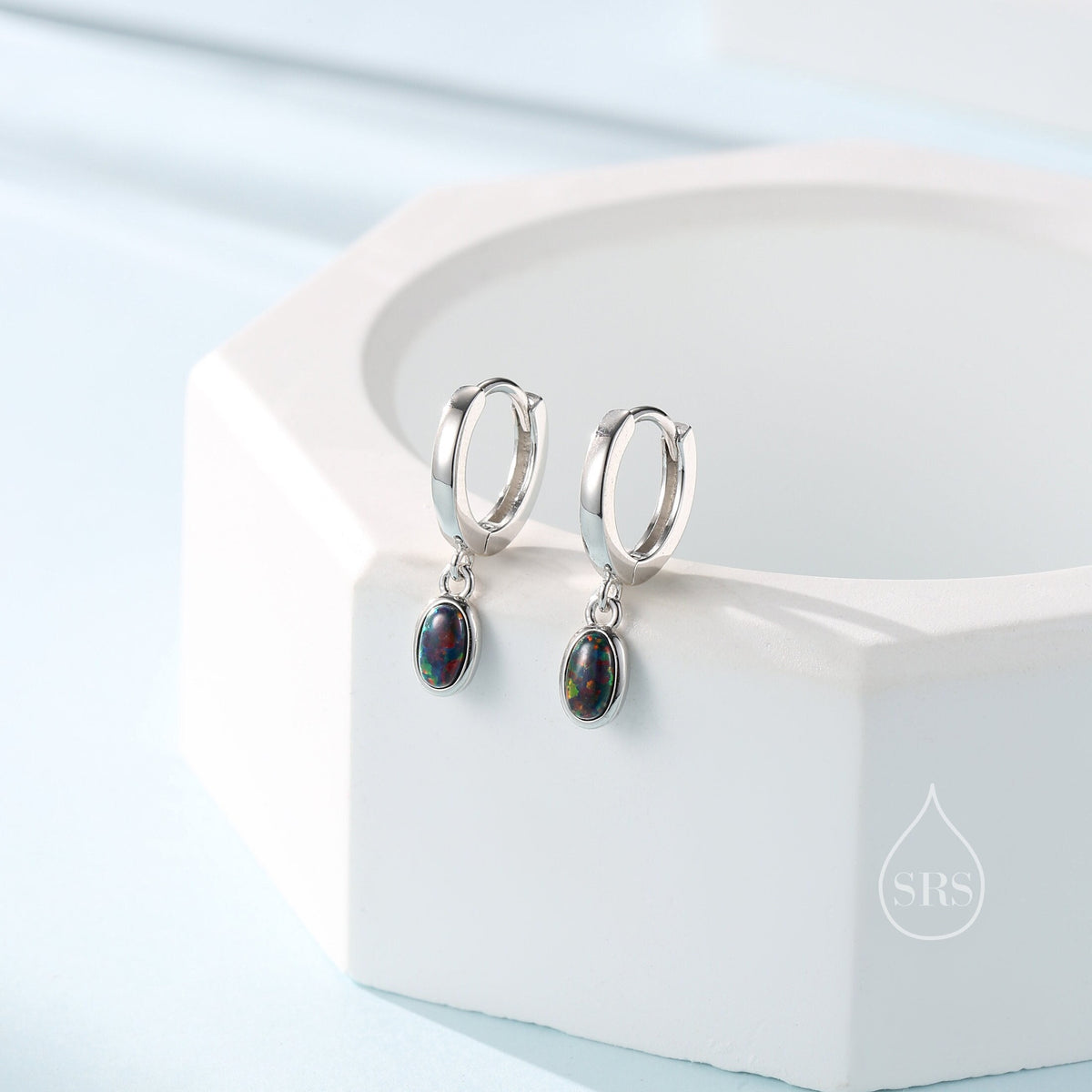 Sterling Silver Dangling Oval Black Opal Hoop Earrings, Lab Created Black Opal Charm Dangle Hoop Earrings, Silver or Gold