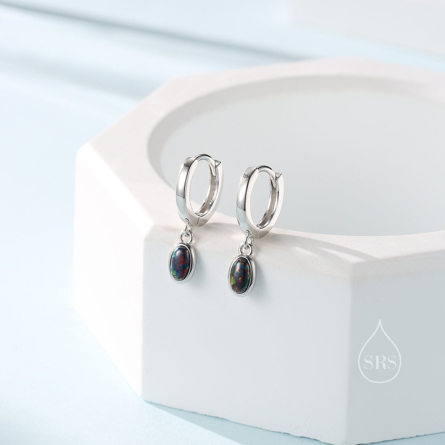 Sterling Silver Dangling Oval Black Opal Hoop Earrings, Lab Created Black Opal Charm Dangle Hoop Earrings, Silver or Gold