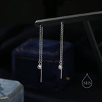 Extra Tiny Moonstone Droplet Long Threader Earrings in Sterling Silver, 3x4mm Pear Shape Lab Moonstone, Silver or Gold or Rosegold