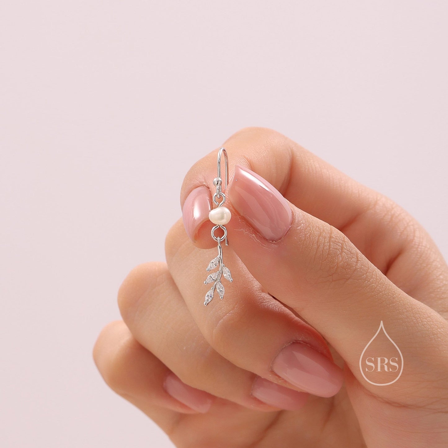 CZ Leaf Charm Drop Hook Earrings in Sterling Silver with Genuine Freshwater Pearls, Silver or Gold, Crystal Leaf Hook Earrings,Leaf Earrings