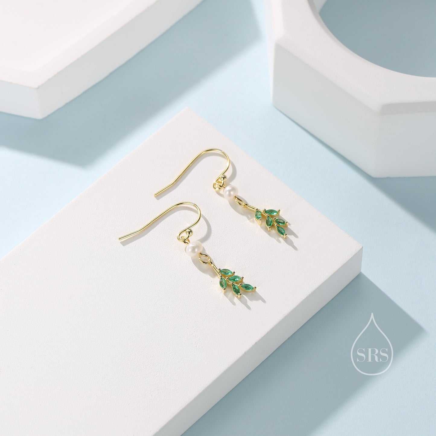 Green CZ Leaf Charm Drop Hook Earrings in Sterling Silver with Genuine Freshwater Pearls, Silver or Gold, Crystal Leaf Hook Earrings