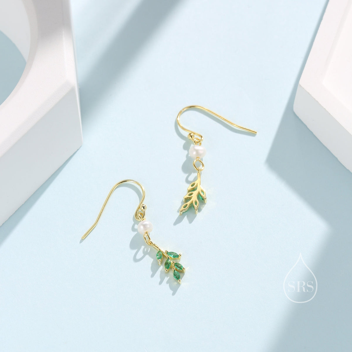 Green CZ Leaf Charm Drop Hook Earrings in Sterling Silver with Genuine Freshwater Pearls, Silver or Gold, Crystal Leaf Hook Earrings