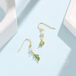 Green CZ Leaf Charm Drop Hook Earrings in Sterling Silver with Genuine Freshwater Pearls, Silver or Gold, Crystal Leaf Hook Earrings