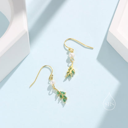 Green CZ Leaf Charm Drop Hook Earrings in Sterling Silver with Genuine Freshwater Pearls, Silver or Gold, Crystal Leaf Hook Earrings