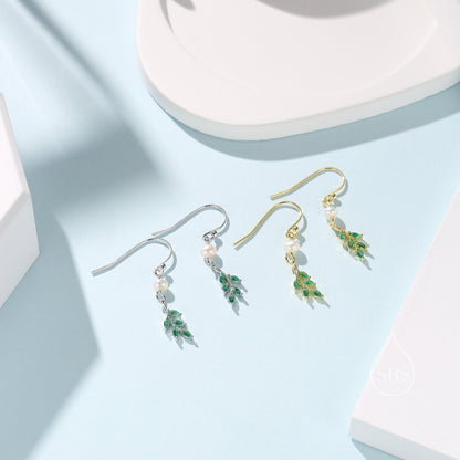 Green CZ Leaf Charm Drop Hook Earrings in Sterling Silver with Genuine Freshwater Pearls, Silver or Gold, Crystal Leaf Hook Earrings