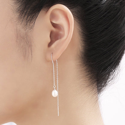 Genuine Fresh Water Pearl U Shape Threader Earrings in Sterling Silver,  Silver or Gold or Rose Gold finish Ear Threaders, Long Threaders,