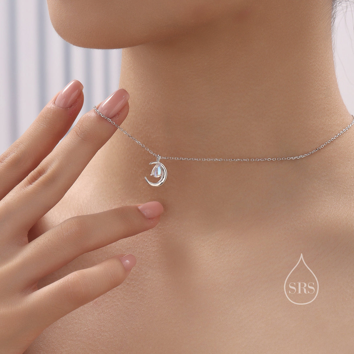 Moonstone Moon and Droplet Pendant Necklace in Sterling Silver, Silver or Gold or Rose Gold, Moonstone Starburst, Moon and Sun, Moon Face
