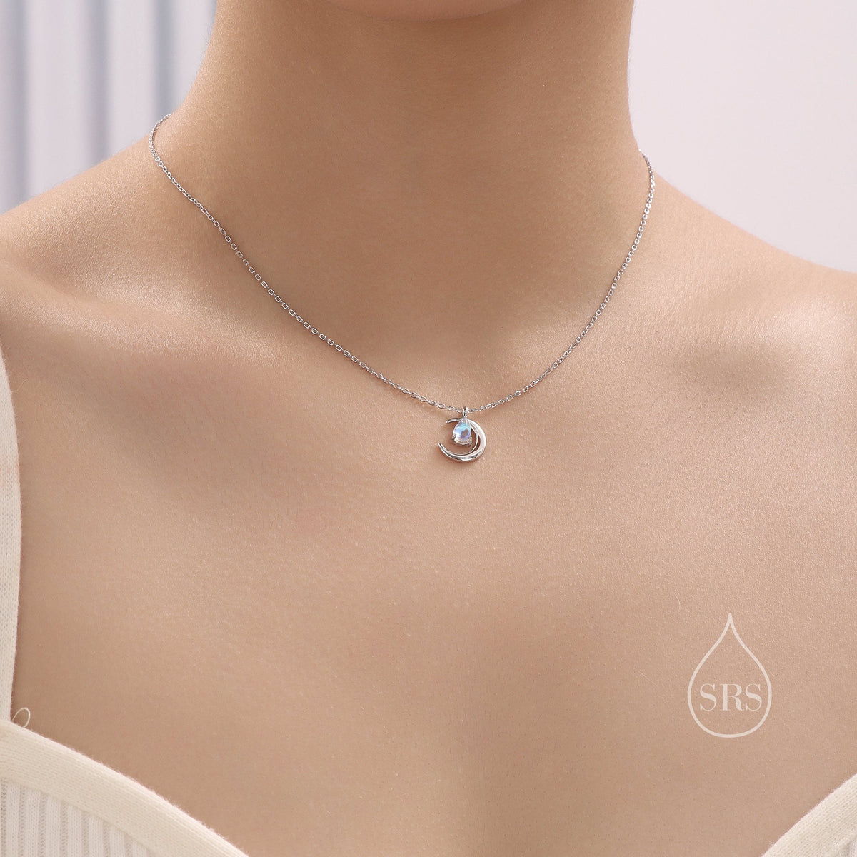 Moonstone Moon and Droplet Pendant Necklace in Sterling Silver, Silver or Gold or Rose Gold, Moonstone Starburst, Moon and Sun, Moon Face