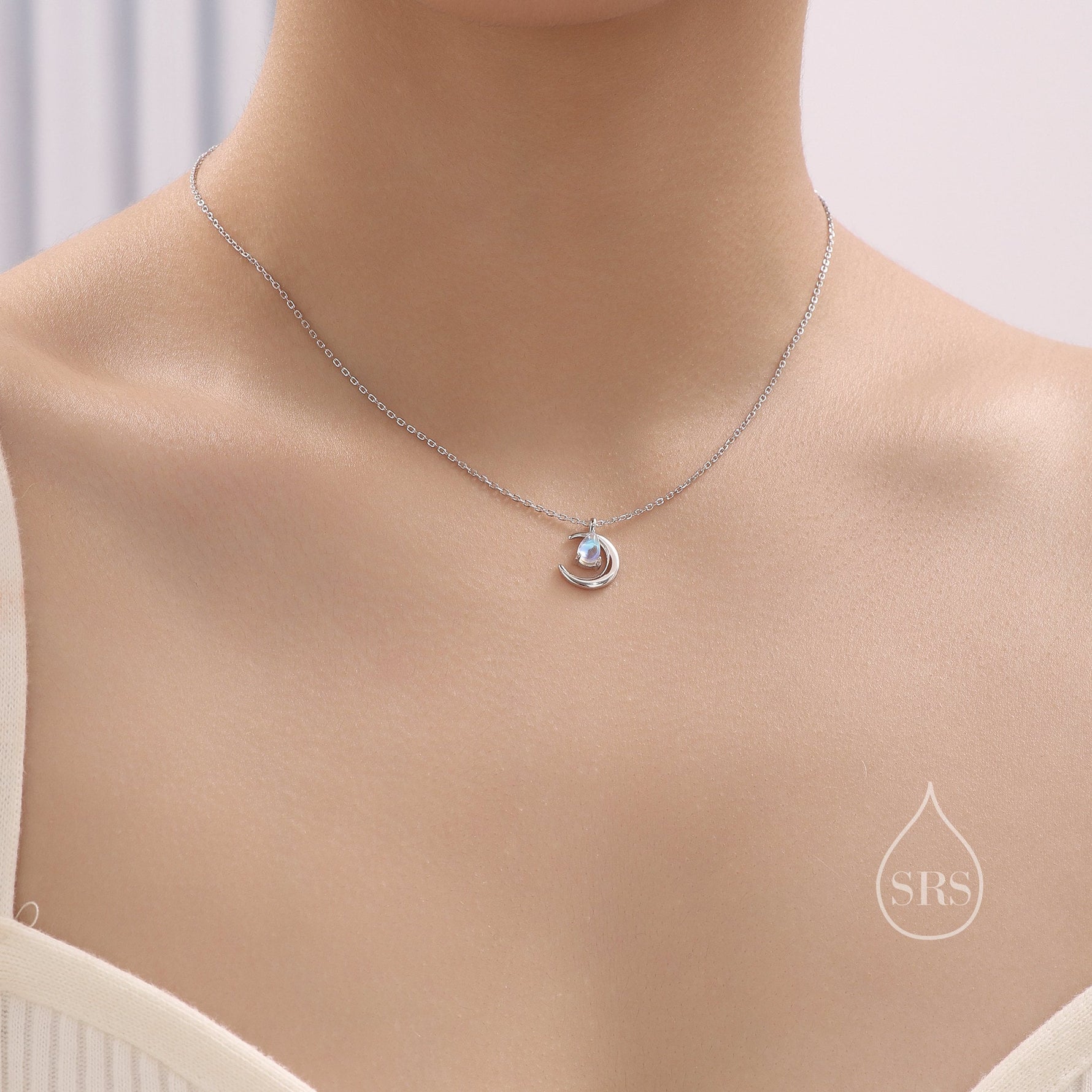 Moonstone Moon and Droplet Pendant Necklace in Sterling Silver, Silver or Gold or Rose Gold, Moonstone Starburst, Moon and Sun, Moon Face