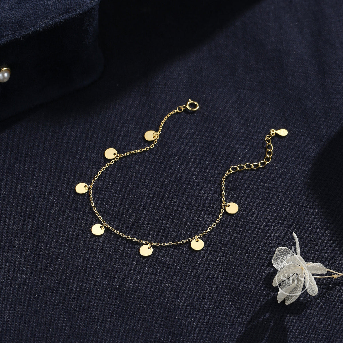 Sterling Silver Disk Charm Bracelet, Silver or Gold, Tiny Disk Charm Bracelet, Delicate Disk Charm Bracelet
