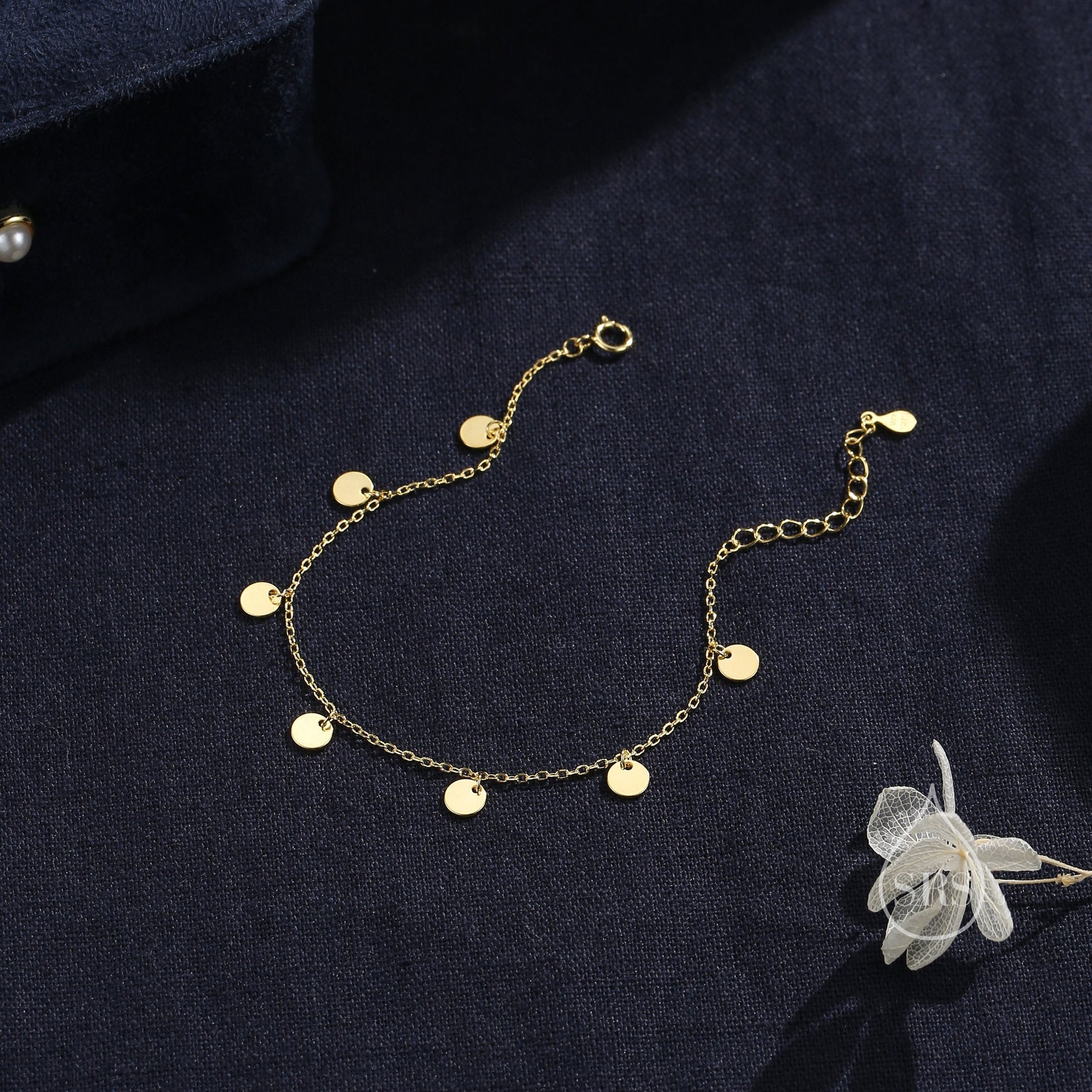 Sterling Silver Disk Charm Bracelet, Silver or Gold, Tiny Disk Charm Bracelet, Delicate Disk Charm Bracelet