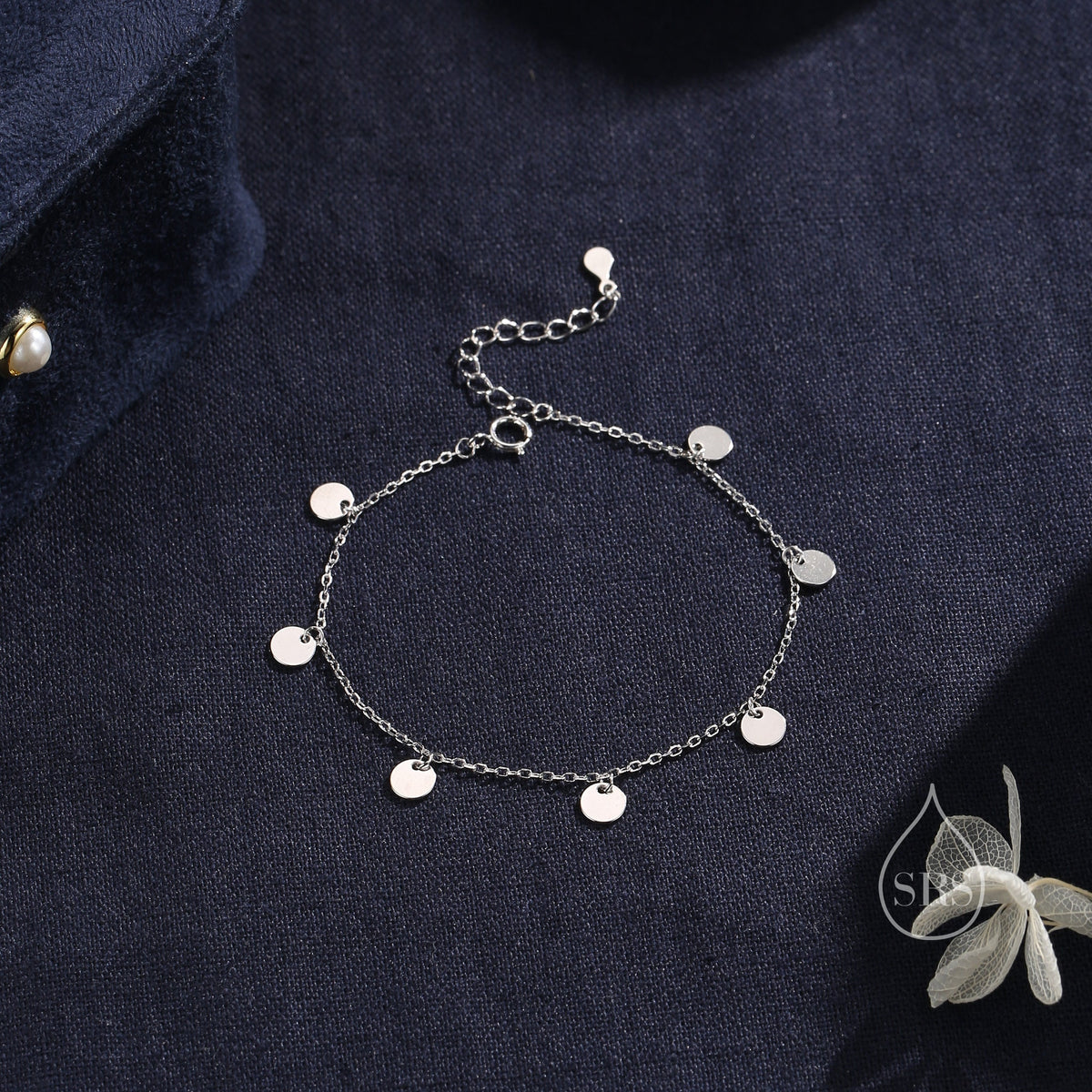 Sterling Silver Disk Charm Bracelet, Silver or Gold, Tiny Disk Charm Bracelet, Delicate Disk Charm Bracelet