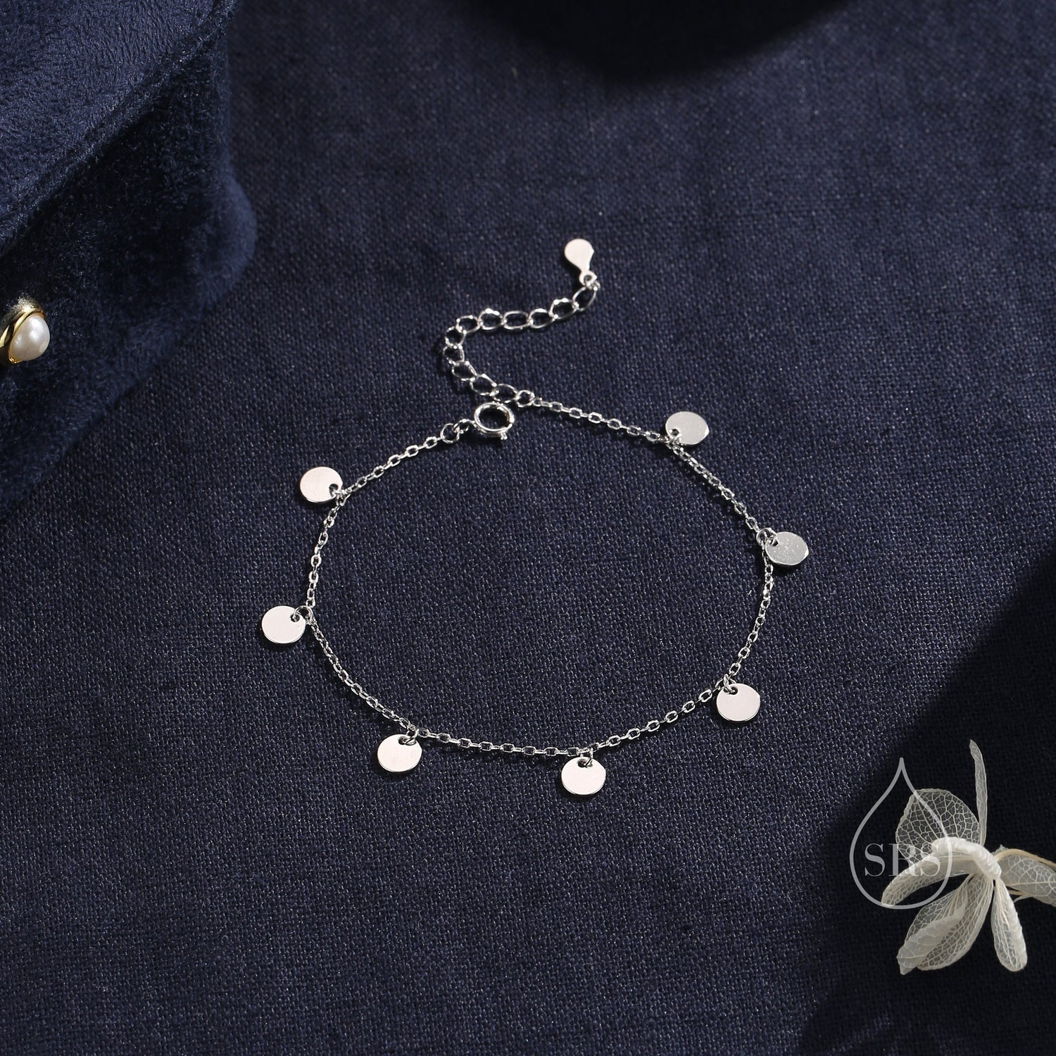 Sterling Silver Disk Charm Bracelet, Silver or Gold, Tiny Disk Charm Bracelet, Delicate Disk Charm Bracelet