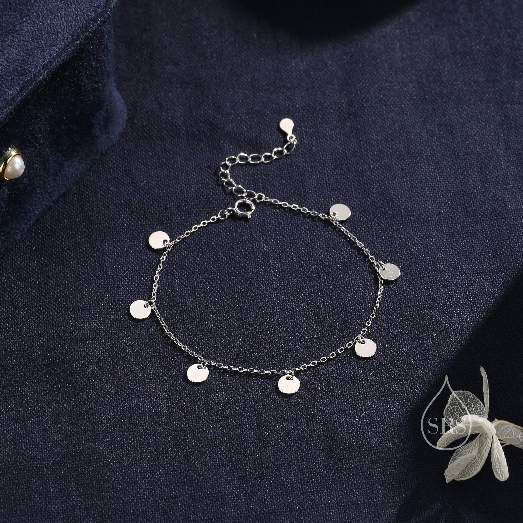 Sterling Silver Disk Charm Bracelet, Silver or Gold, Tiny Disk Charm Bracelet, Delicate Disk Charm Bracelet