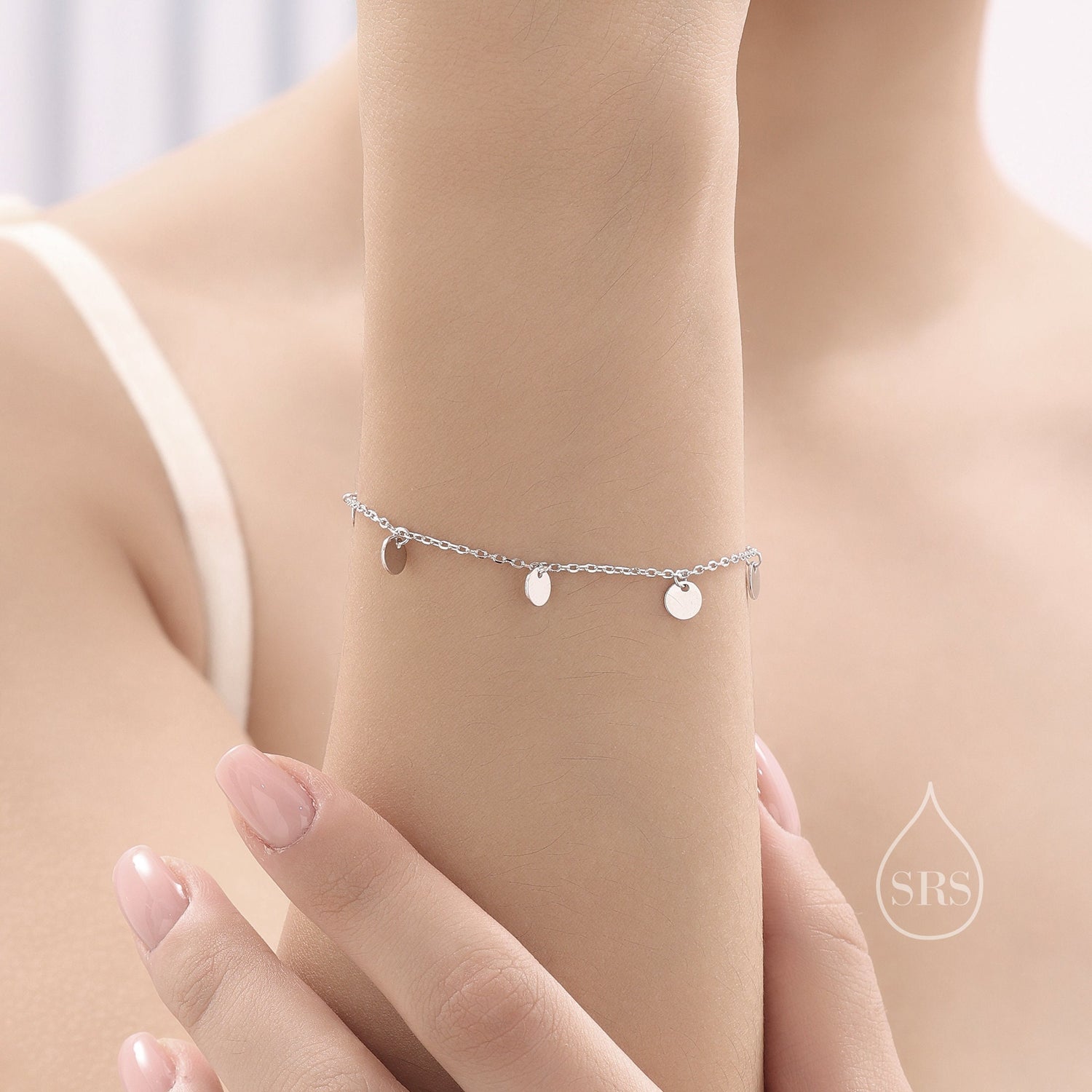 Sterling Silver Disk Charm Bracelet, Silver or Gold, Tiny Disk Charm Bracelet, Delicate Disk Charm Bracelet