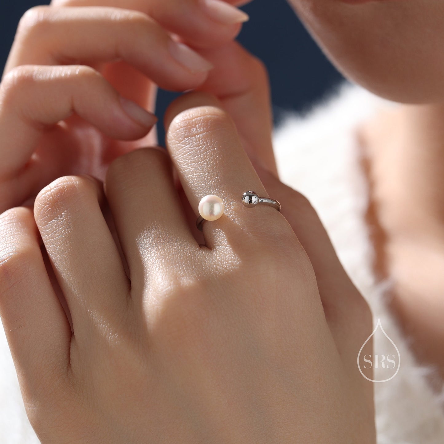 Minimalist Pearl and Ball Open Ring in Sterling Silver, Genuine Freshwater Adjustable Ring, Adjustable Size Pearl Ring, Real Pearl Ring