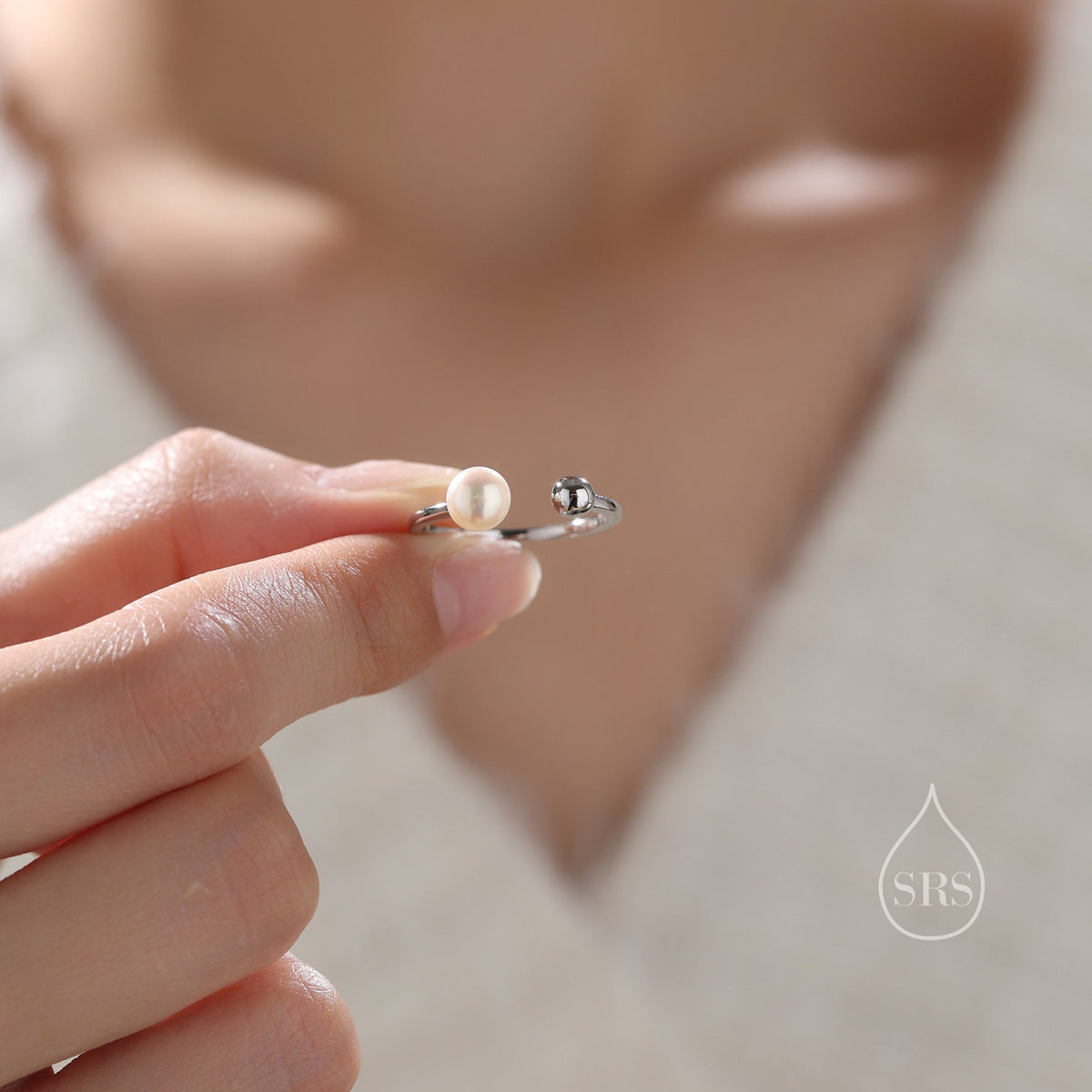Minimalist Pearl and Ball Open Ring in Sterling Silver, Genuine Freshwater Adjustable Ring, Adjustable Size Pearl Ring, Real Pearl Ring