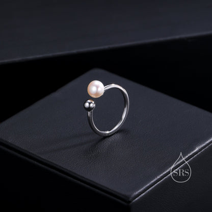 Minimalist Pearl and Ball Open Ring in Sterling Silver, Genuine Freshwater Adjustable Ring, Adjustable Size Pearl Ring, Real Pearl Ring