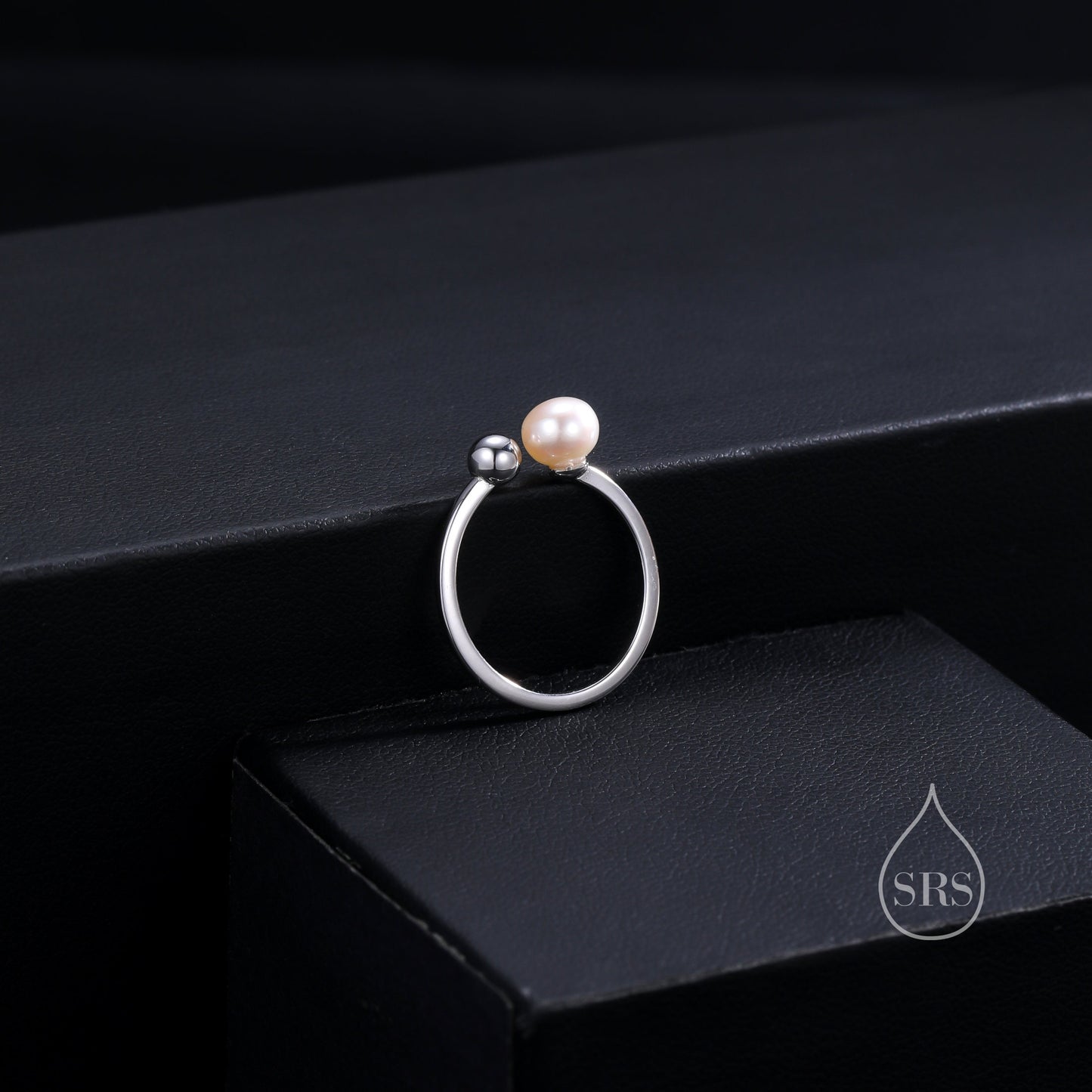 Minimalist Pearl and Ball Open Ring in Sterling Silver, Genuine Freshwater Adjustable Ring, Adjustable Size Pearl Ring, Real Pearl Ring